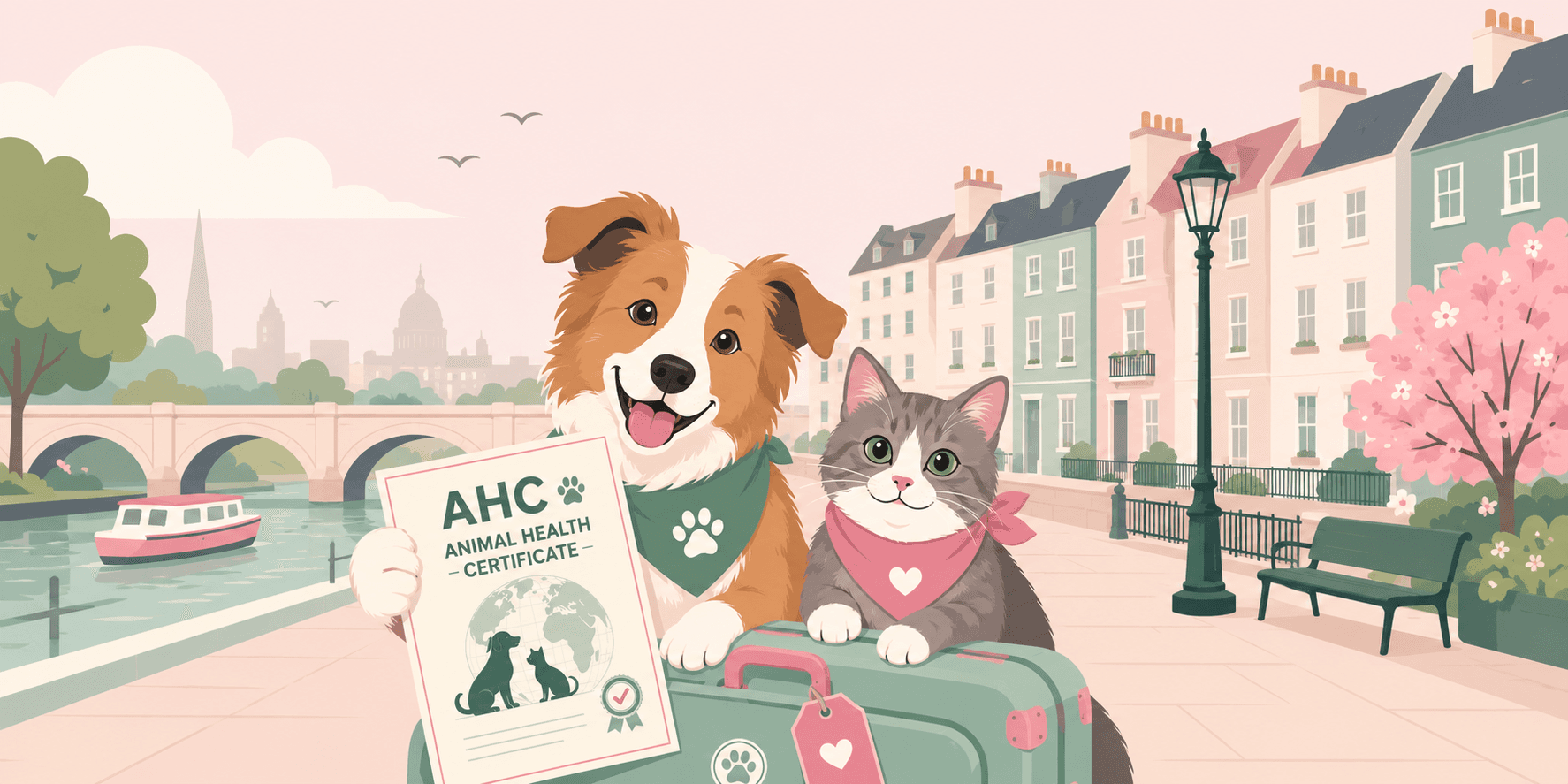 Illustrated cat and dog at an airport departures gate, holding their passports and ready to travel